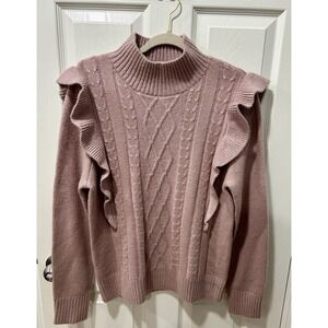 G by Giuliana Black Label Cable Knit Turtleneck Ruffle Sleeve Sweater Pink Large
